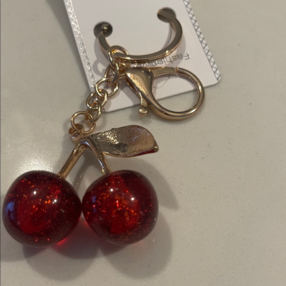 Gold Cherry Keychain with Red Acrylic Charms